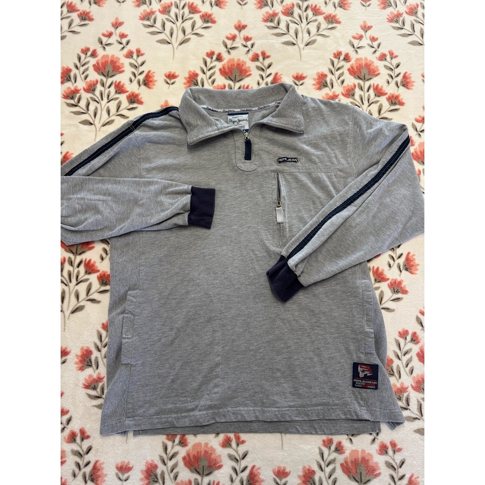 Pepe Jeans London Mens Large Gray Quarter Zip Pullover Stripe Sleeve Sweatshirt